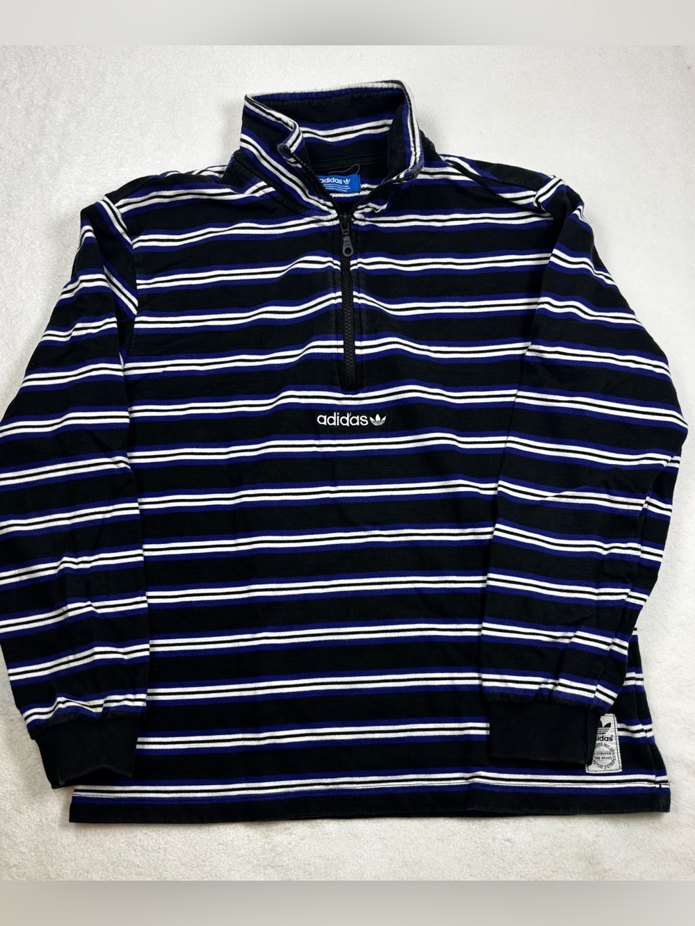 Adidas Originals striped quarter-zip pullover. Size Medium. Blue/white stripes